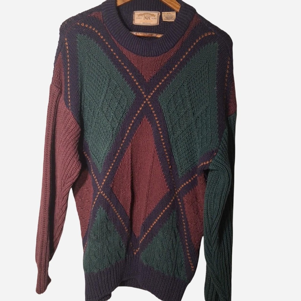 Mens Vintage Ramie & Cotton Sweater with Green & Maroon Diamond Pattern